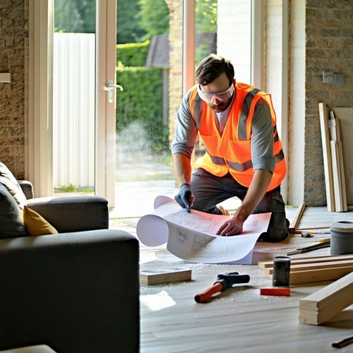 The scene unfolds within the cozy confines of a UK home where a contractor clad in a highvisibility vest and safety goggles meticulously assesses the living space for a deep energy efficiency retrofit With tools and materials spread around him he is-1